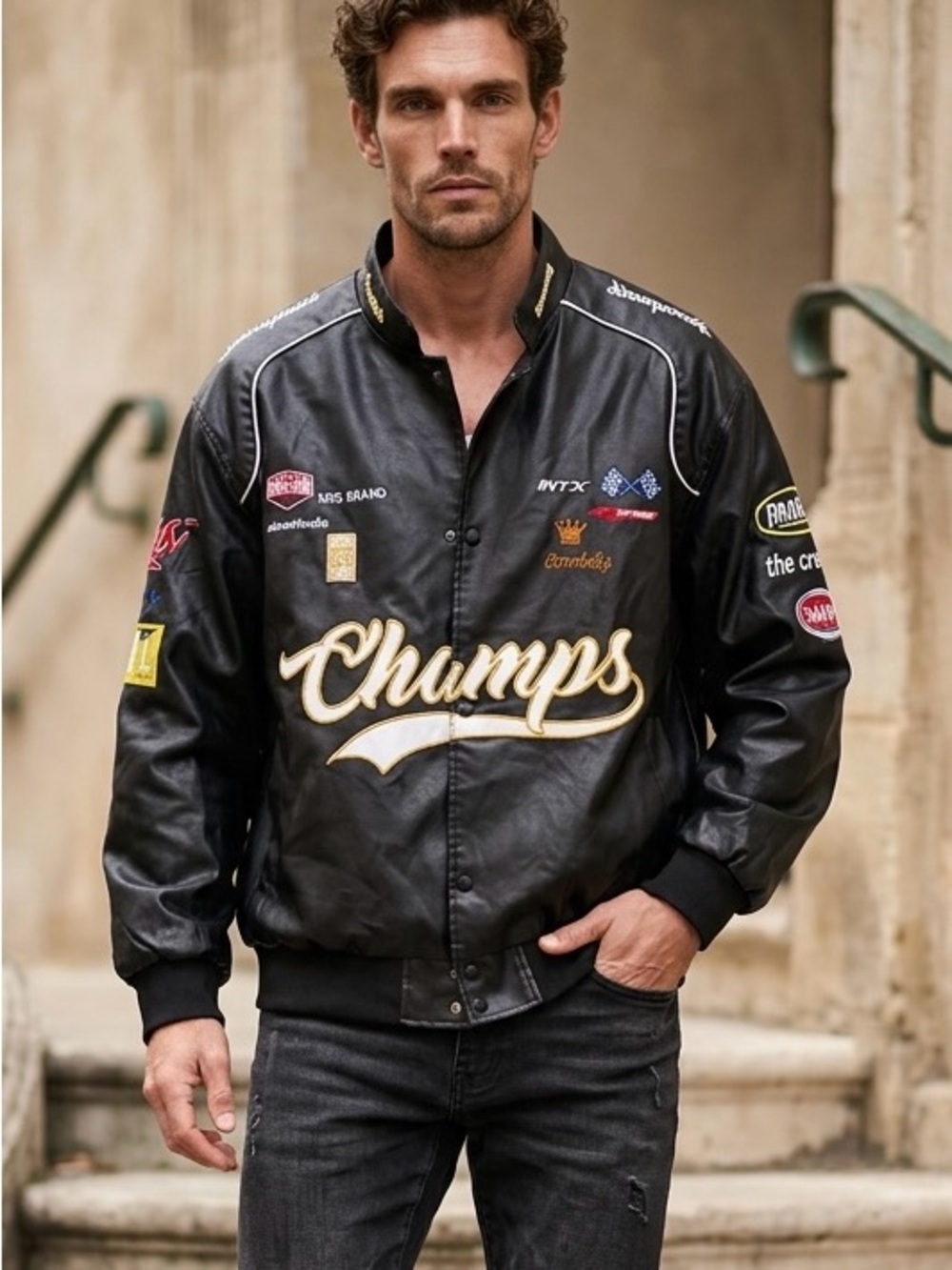 Aelfric Eden Black Bomber Jacket with Gold Script